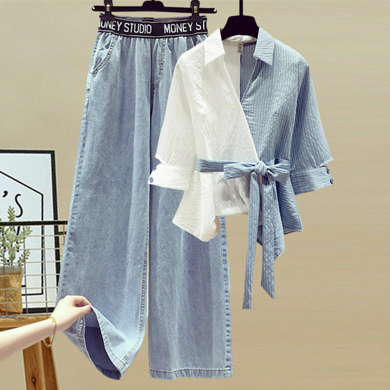 Женский шифоновый костюм из блузки и джинсов, элегантный повседневный костюм из двух предметов, лето 2022