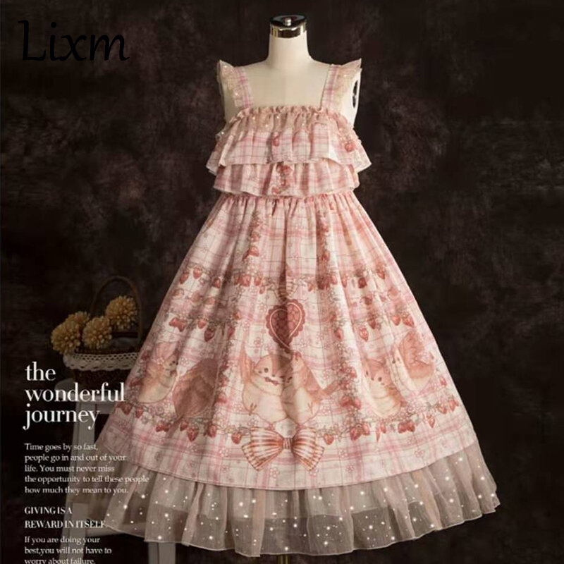 일본 로리타 드레스 소녀 딸기 티 파티 Jsk 드레스, 귀여운 민소매 드레스, 2022 코스프레