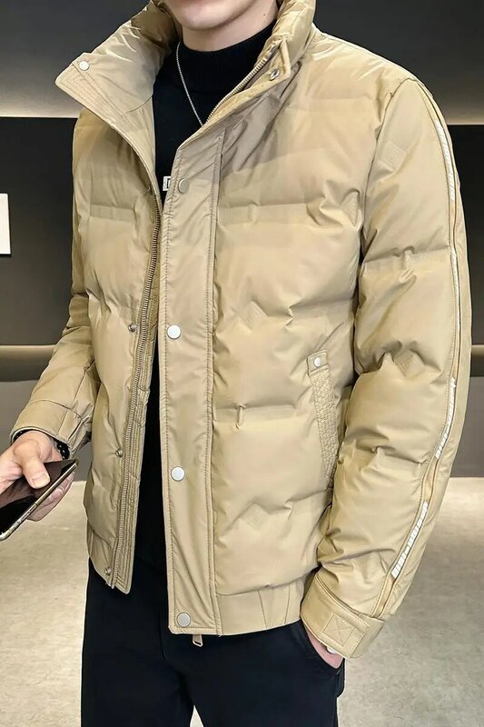 Jaqueta de baixo de pato de PU masculina, casaco com gola em pé, top casual fashion, monocromático, filme sanduíche, moda, novo, inverno, 2023