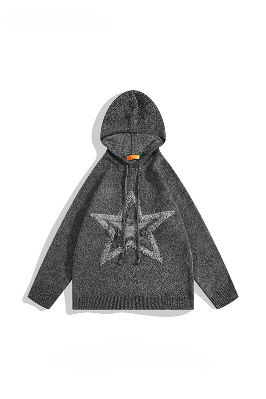 Autumn Winter American Retro Star Embroidery Hooded Knitted Sweaters for Men/Women Student High-end Personalized Pullovers Tops
