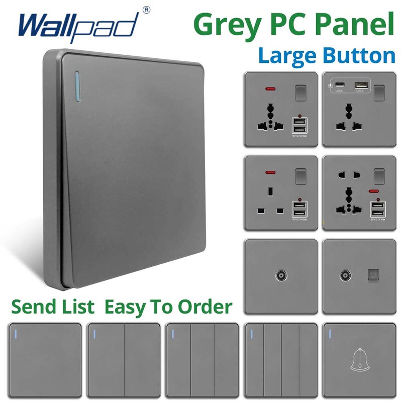 Wallpad, большой переключатель на 1, 2, 3, 4 клавиши, 2 канала, серая пластиковая панель, розетка для ЕС и Великобритании, Тип C, USB-порт для зарядки, 10 А, 250 В