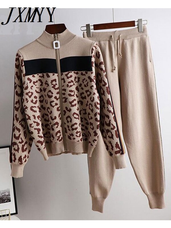 Ensemble de 2 pièces pour femme, veste à manches longues et pantalon, Cardigan à fermeture éclair en tricot léopard, tenue décontractée