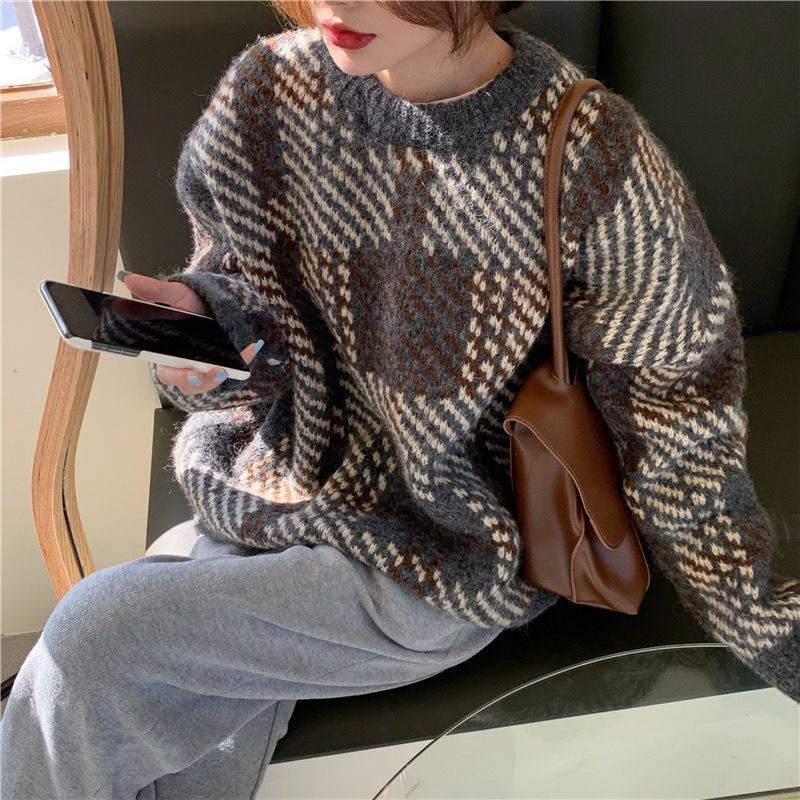 GIDYQ Vintage Long Sleeve Knitted Sweater Women Korean Loose Lazy Pullovers Soft All Match Office Lady Jumpers Autumn Winter