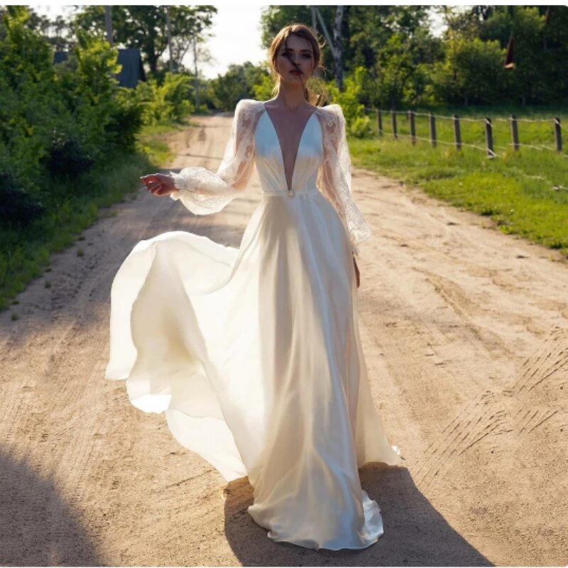Suknie ślubne z długim bufiaste rękawy z okrągłym dekoltem 2024 dekoltem w serek bez pleców Vestidos De Novia satynowe suknie ślubne