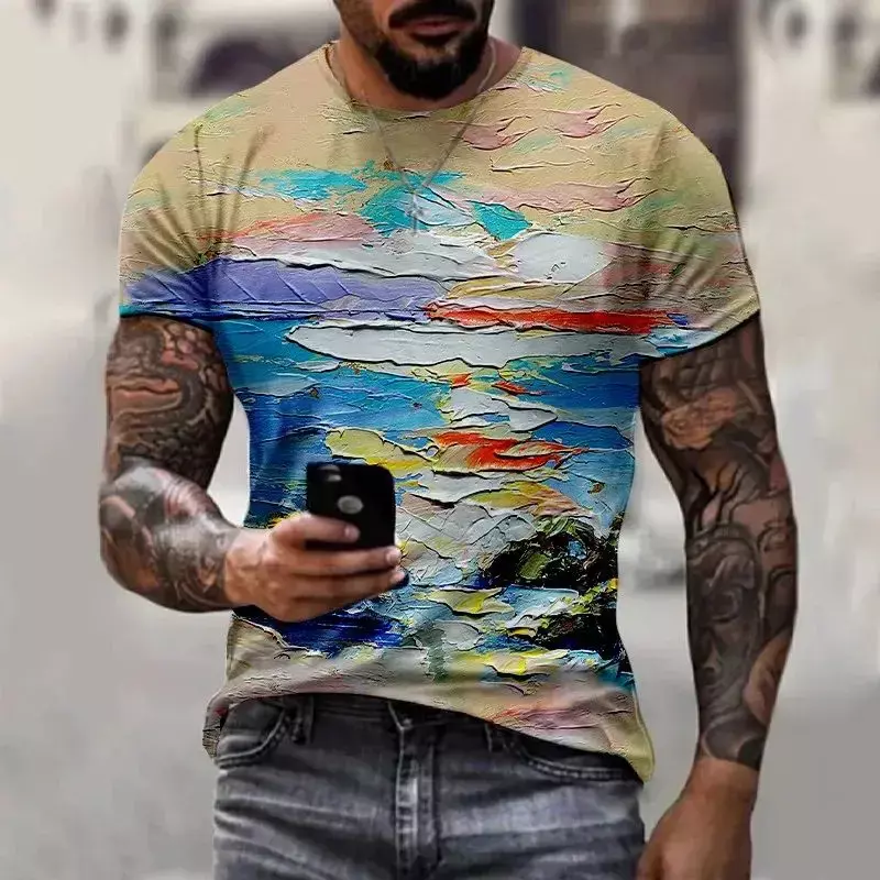 Camiseta con cuello redondo para hombre, estilo de pintura al óleo, impresión 3D, color de moda informal, estilo Harajuku, manga corta