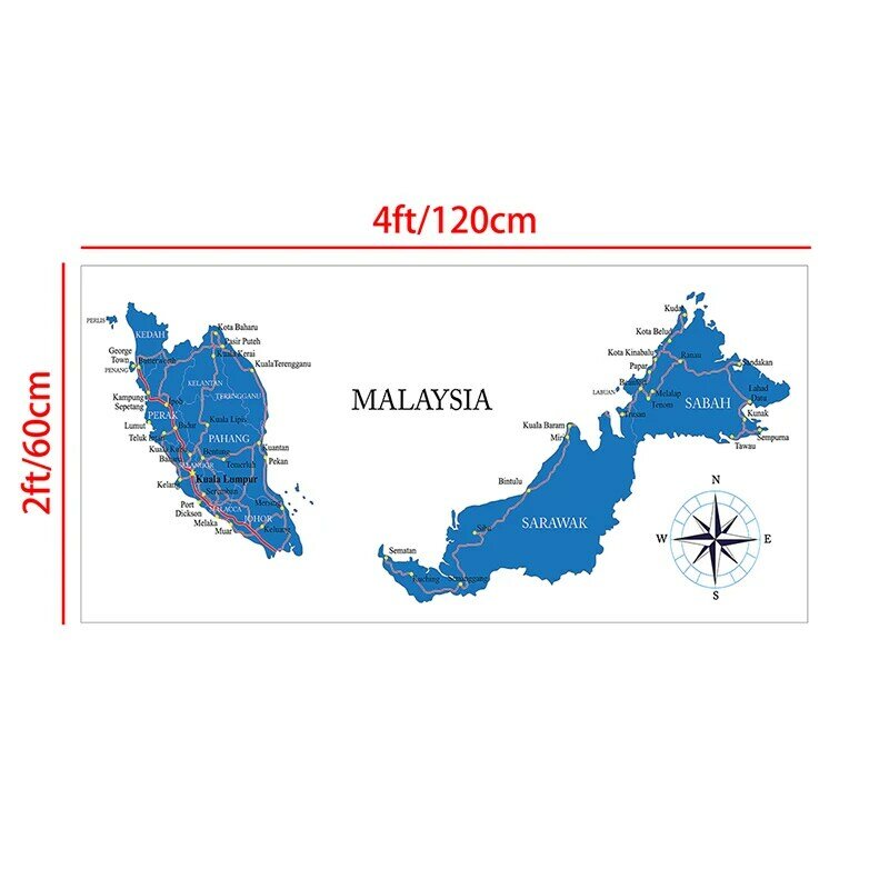 120*60ซม.มาเลเซีย Administrative แผนที่ภาษาอังกฤษ Wall Art โปสเตอร์และพิมพ์ผ้าใบ Unframed ภาพวาดห้องนั่งเล่น home Decor