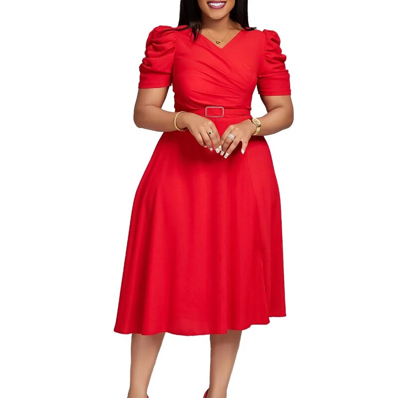 Наряды элегантные африканские платья для женщин Лето 2024 модные африканские плиссированные платья из полиэстера с коротким рукавом красный синий черный зеленый