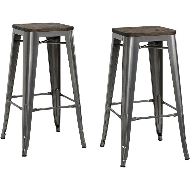 DHP Fusion Metal Backless 30" Barstool with Wood Seat, Distressed Metal Finish for Industrial Appeal, Set of two, Antique Gun