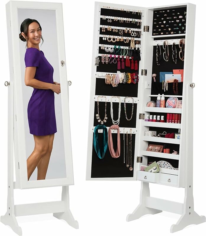 Best Choice Products Freestanding Jewelry Armoire Cabinet, Full Length Standing Mirror, Lockable Makeup Storage Organizer, w/Vel