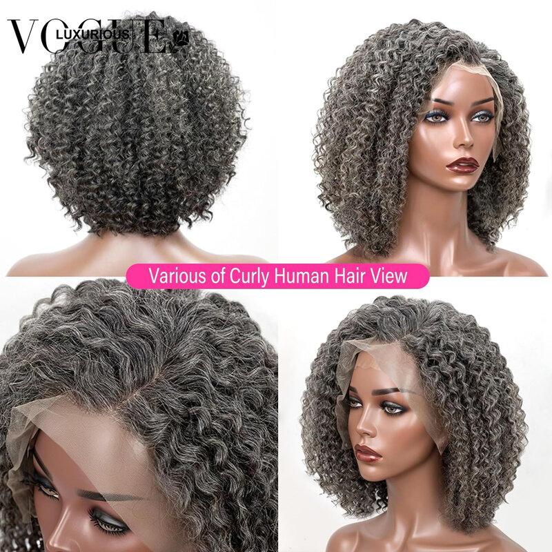 Glueless Salt Pepper Grey Highlight Colored Human Hair Wig 4X4 Lace 5X5 Closure Deep Wave Short Bob Pixie Cut Wigs Pre Plucked