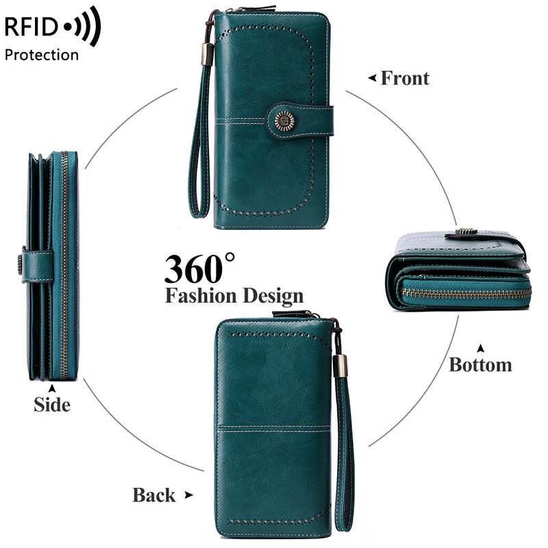 RFID 자석 방지 지갑 여성용 2022 신제품 유럽 및 미국 여성용 오일 왁스 가죽 지갑, 대용량 클러치 지갑
