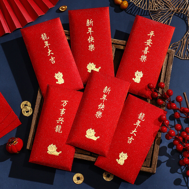 Pacotes vermelhos chineses para crianças, ano do dragão, envelopes de dinheiro da sorte, casamento e presente festivo, festival da primavera, 6 unid, 2024