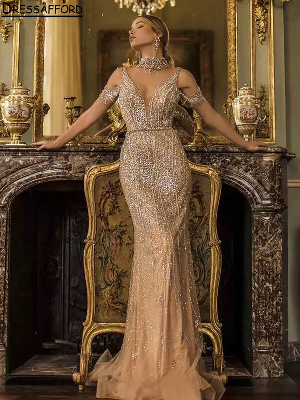Gaun Malam Dubai Model Punggung Terbuka Tali Spaghetti Sampanye Gaun Pesta Formal Arab Saudi Manik-manik Kristal Mewah Putri Duyung