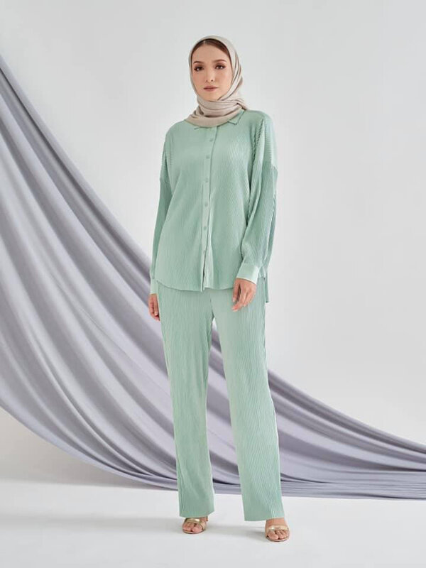 Muslim Set Fashion Islamic Modest 2 Piece Dress Women Pleated Button Tops Wide Leg Pants Suit Dubai Turkey Abaya Kaftan Outfits