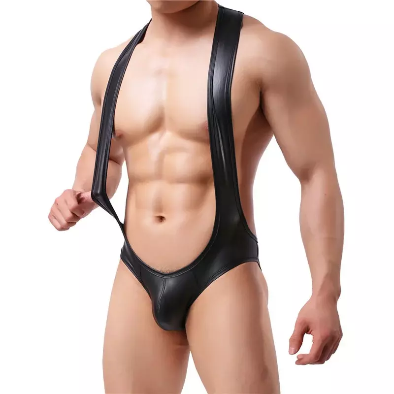 Pakaian dalam pria Lingerie Gay Bodysuit PU seksi Jockstrap gulat Singlet Leotard Jumpsuit Suspender overall pakaian dalam Gay seksi