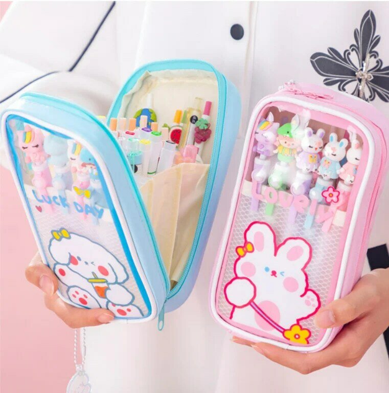 Ins New Kawaii Pencil Case Transparent Large-capacity Student Pencil Case Cute Girl Creative Simple Pencil Case Stationery Bags