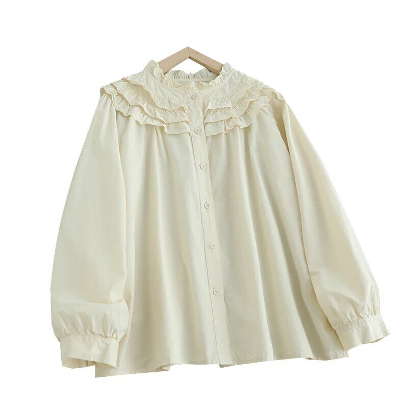 Женская однобортная рубашка с оборками, милая однотонная блузка с круглым вырезом и длинным рукавом, модель 823-6 на весну
