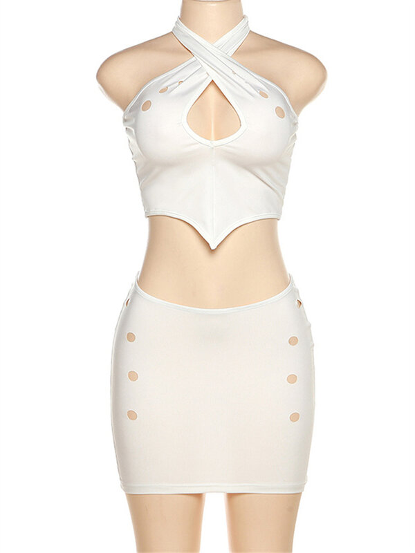 Habbris Spring Sexy White Halter Backless Crop Top And Skirt Sets Club Outfit For Women 2023 Hollow Out 2 Two Piece Sets Female