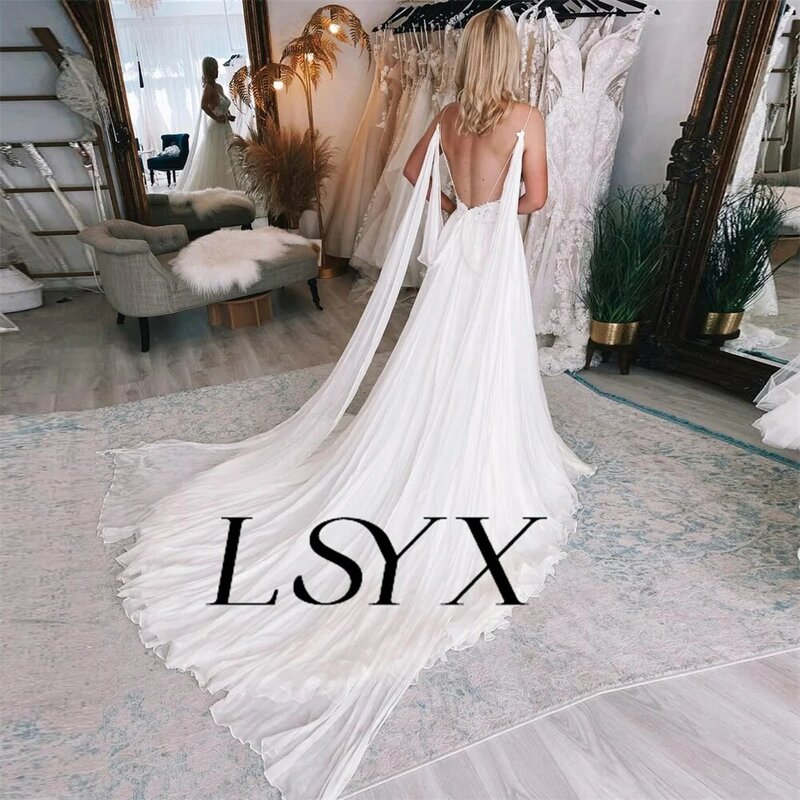 LSYX-Vestido de Noiva Chiffon Sem Mangas A Linha, Vestido De Noiva Com Decote Em V, Correias De Espaguete, Apliques, Costas Abertas, Fenda Lateral Alta, Custom Made