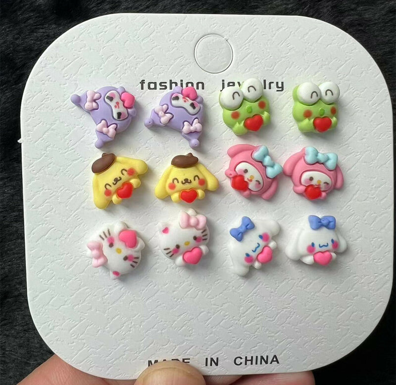 Sanrioed Kuromi Studs Earrings Set for Women Girls Kawaii Hello Kitty Mymelody Earring Jewelry