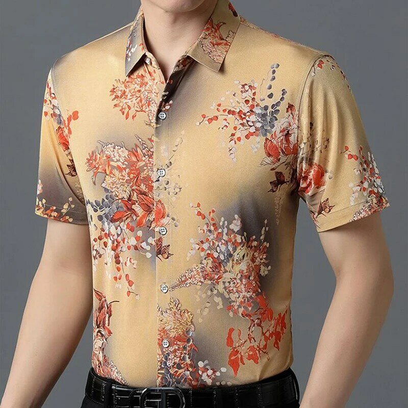 Рубашка мужская с коротким рукавом, модная блуза с отложным воротником, на пуговицах, винтажный принт, свободная повседневная одежда, лето 2024