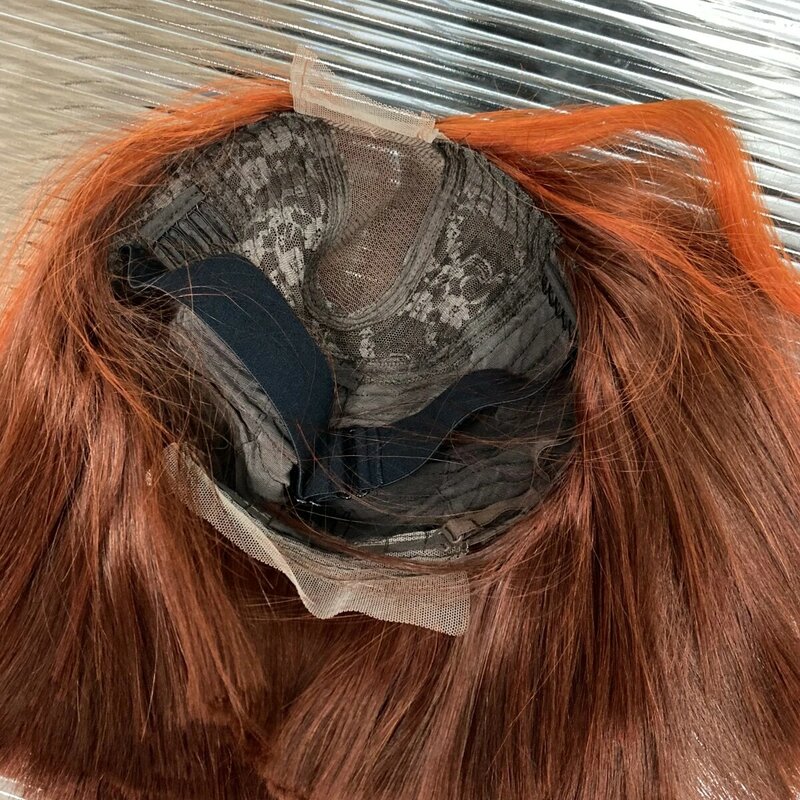 Peluca de cabello humano liso, postizo de encaje corto y liso, corte Bob, color naranja jengibre, 2x6, 180% de densidad, pelo brasileño predespuntado