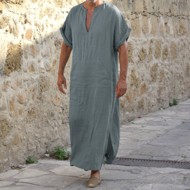 Jubba Thobe Kaftan para hombre, Túnica musulmana árabe islámica de manga corta con cuello en V, ropa de lino de algodón sólido, moda musulmana de Arabia, abaya