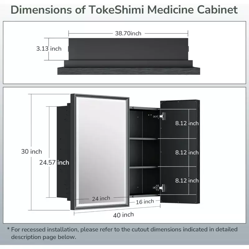 Szafka na leki TokeShimi 40x30 cali Lustro łazienkowe Srebrna metalowa rama Wpuszczana powierzchnia Montowana na ścianie ze stopu aluminium