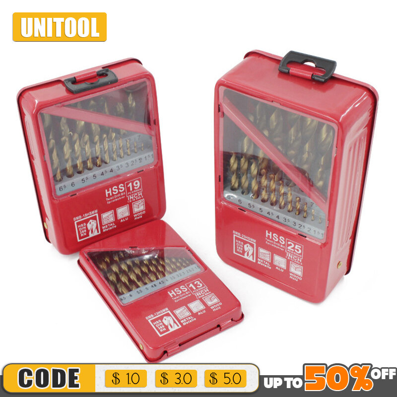 13/19/25PCS 1.0~13mm HSS Titanium Coated Drill Bit Set For Metal Woodworking Drilling Power Tools Accessories In Iron Box