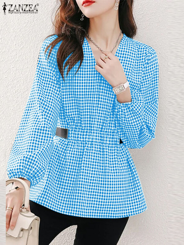 Блузка ZANZEA с V-образным вырезом и длинным рукавом, стильные летние офисные топы с талией, модные женские клетчатые блузки в клетку, Повседневная рубашка, 2024