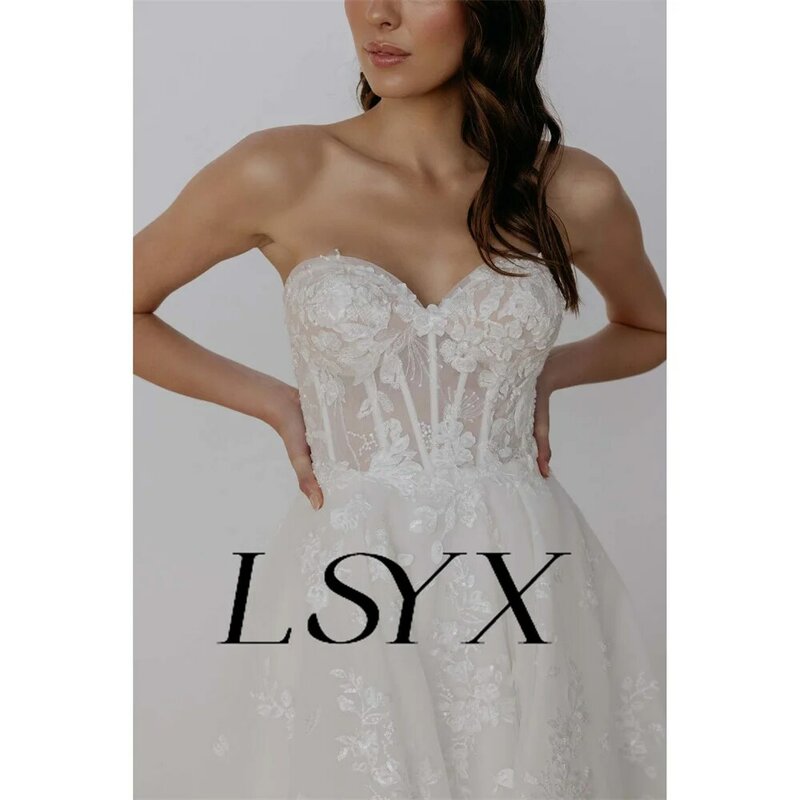 LSYX-Apliques Sweetheat Tule Vestido de Noiva Linha A, Fenda Lateral Alta, Zipper Voltar, Até o Chão, Vestido De Noiva Personalizado, Tule Elegante