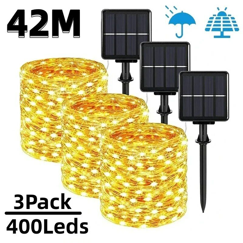 42 M400LEDs 태양광 LED 야외 꽃줄 램프, 정원, 요정, 줄, 방수, 크리스마스, 정원 장식