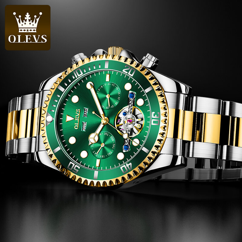 OLEVS-Relógio mecânico de aço inoxidável masculino, impermeável, automático, luxo, marca de topo, negócio, moda