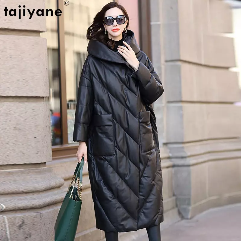 Tajiyane-Manteau à capuche en cuir de mouton véritable pour femme, 90% duvet de canard blanc, vestes longues pour femme, 2023