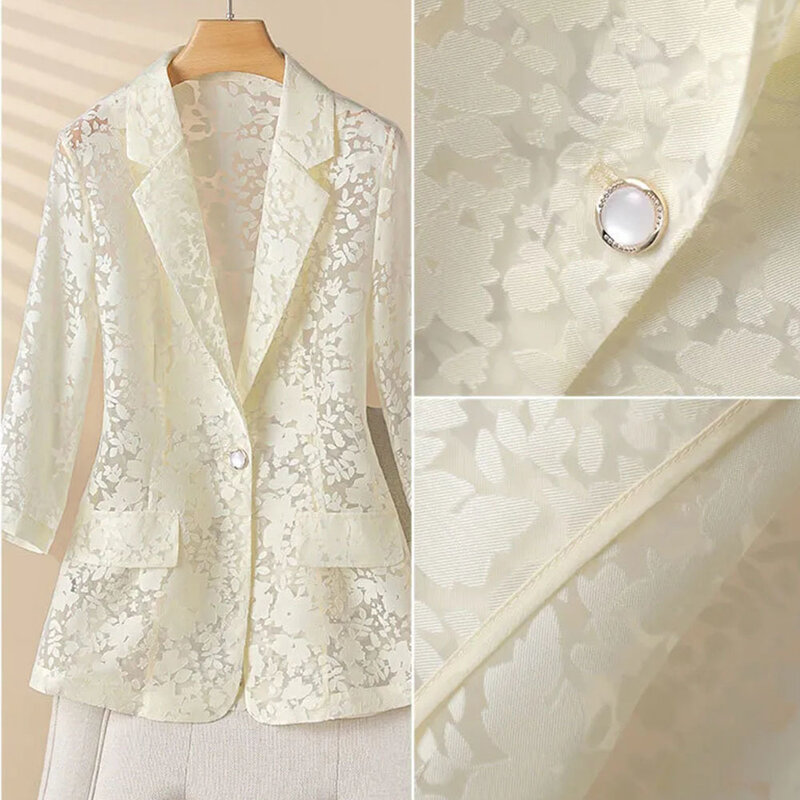Summer Slim Suit Coat Blazers For Women Fashion Lace Organza Sunscreen Elegant Jacket Woman White Half Sleeve Thin Tops Ladies