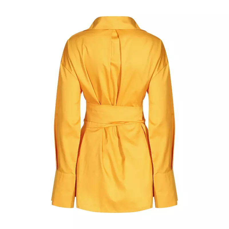 Ladies Yellow Women Shirt With Belt Female Business Work Wear Long Sleeve 1 Piece Long Blazer Jacket Coat