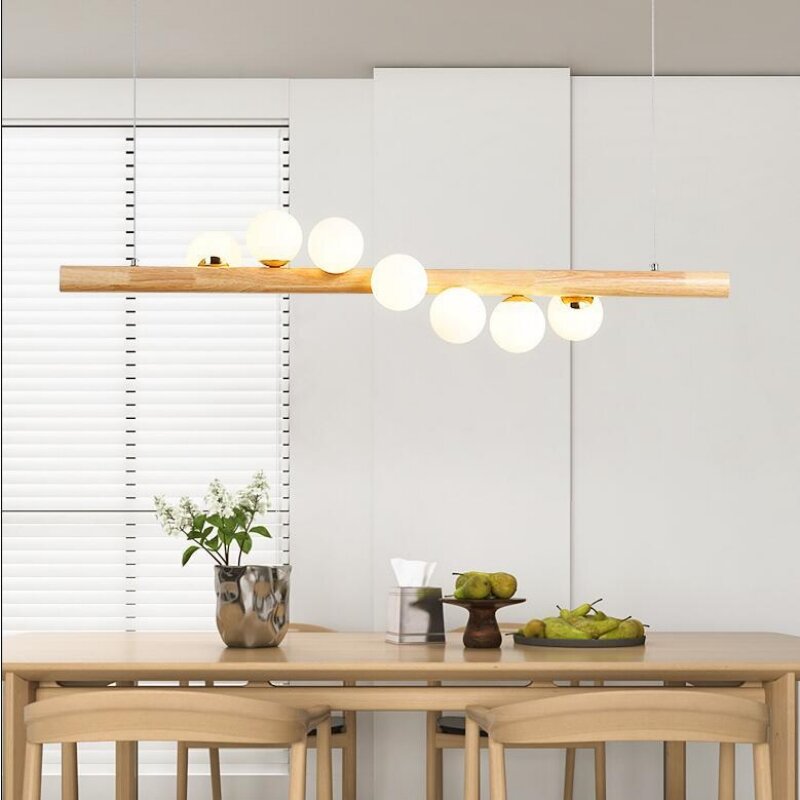 Solid Wood Milk White Glass Balls Pendant Chandelier for Dining Table Kitchen Island Coffee LED House Decration Lighting Fixture