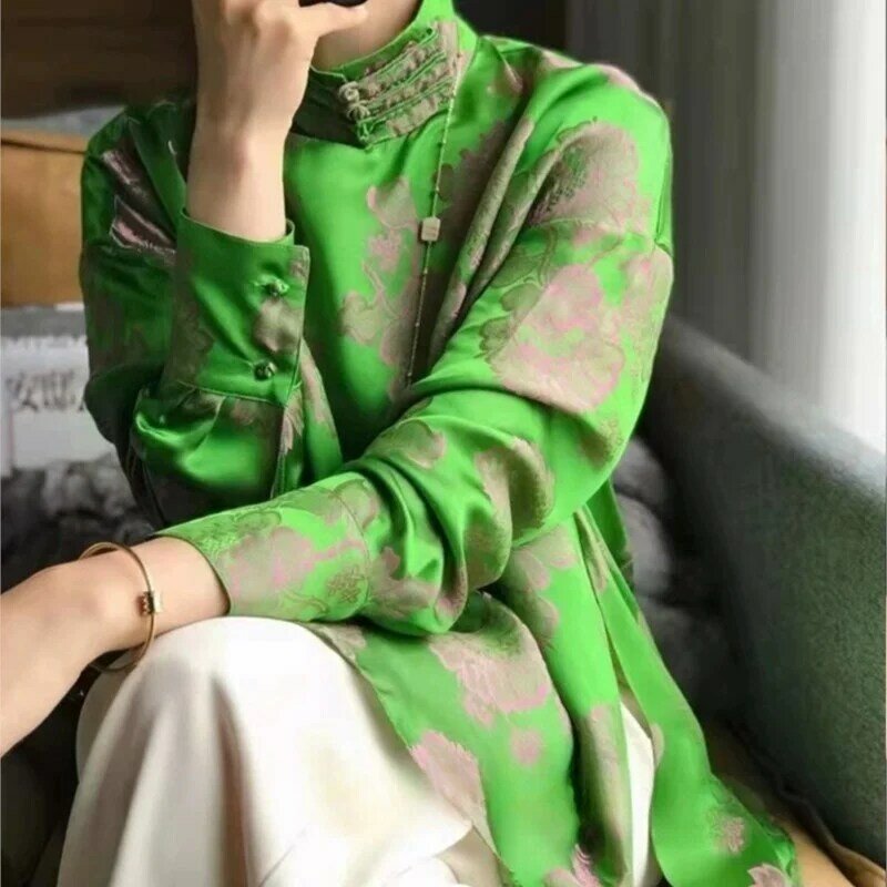 Fashionable Retro Chinese Style Printed Silk Shirt for Women