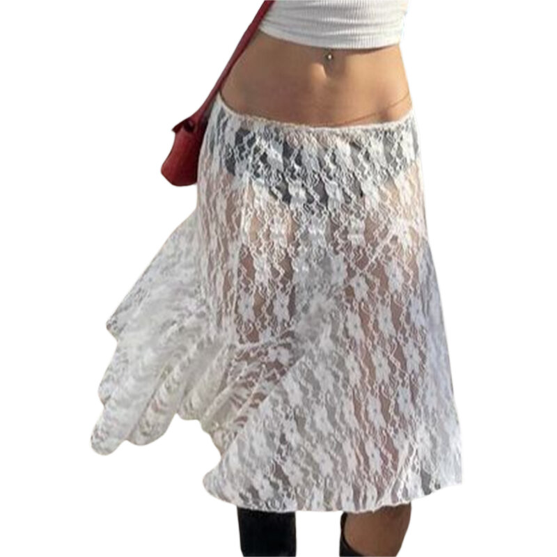 hirigin Kawaii Lace Midi Skirts for Women Summer y2k Fairy Grunge Skirts E-Girls See-Through Wrapped Long Skirts Beachwear 2024