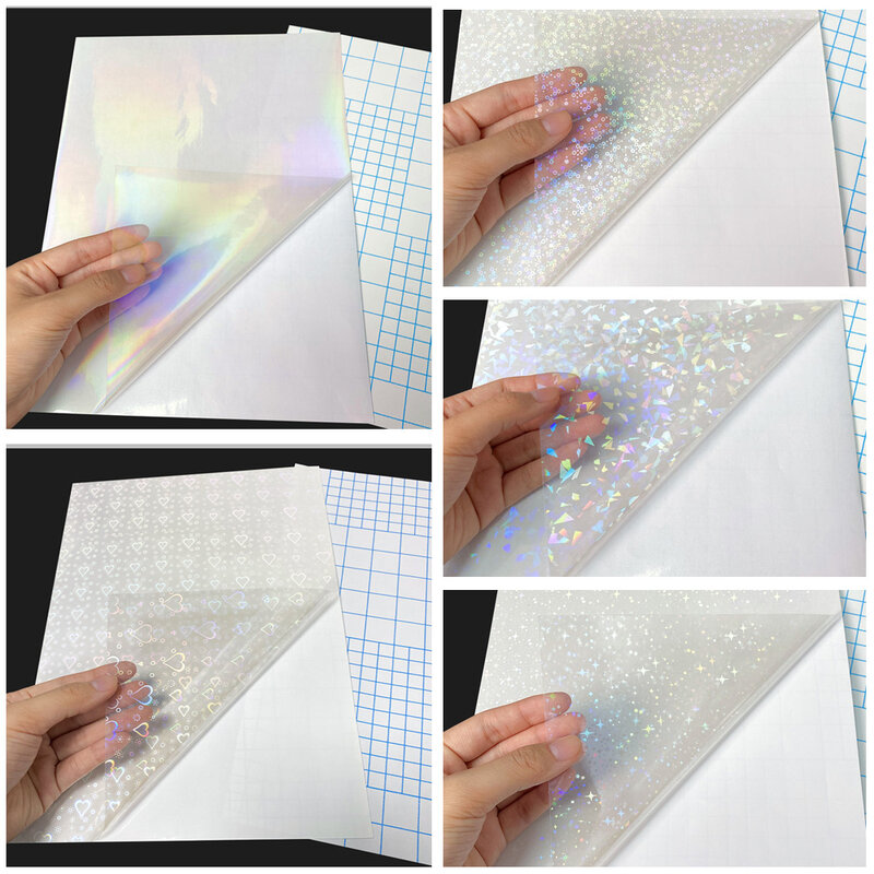 Película de laminación de superposición holográfica transparente A4, autoadhesiva, laminada, papel adhesivo de vinilo impermeable, 15 estilos, 10 hojas
