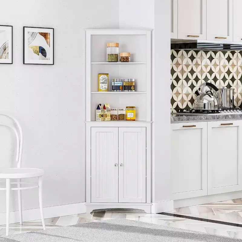 Spirich Home Tall Corner Cabinet with Two Doors and Three Tier Shelves, Free Standing Corner Storage Cabinet，White