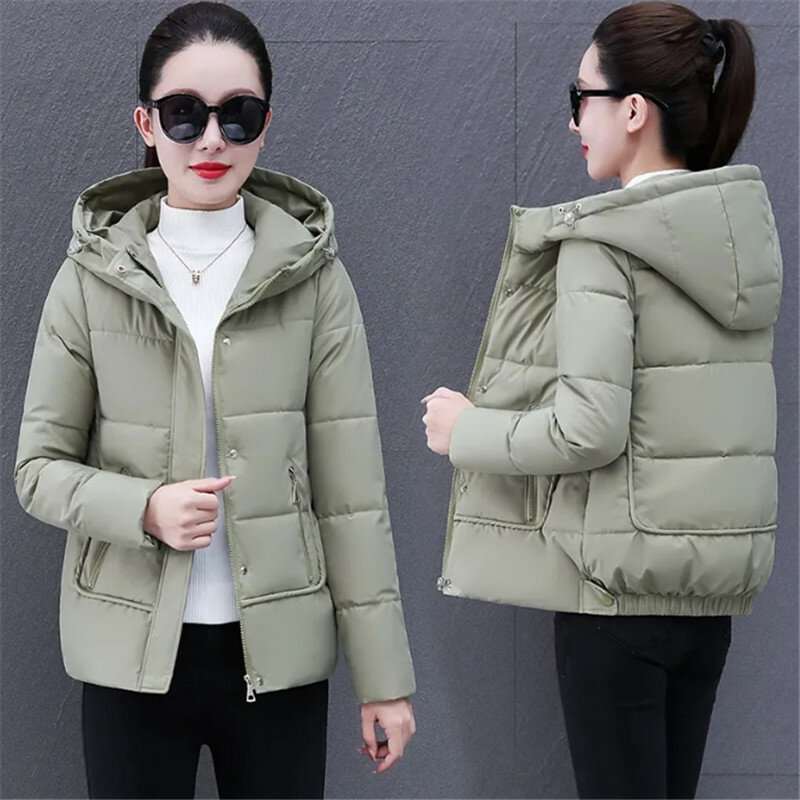 Winter Down Cotton Jacket Women 2023 New Loose Hooded Coat Fashion Concealed Zipper Outerwear Pure Colour Parka Overcoat Female