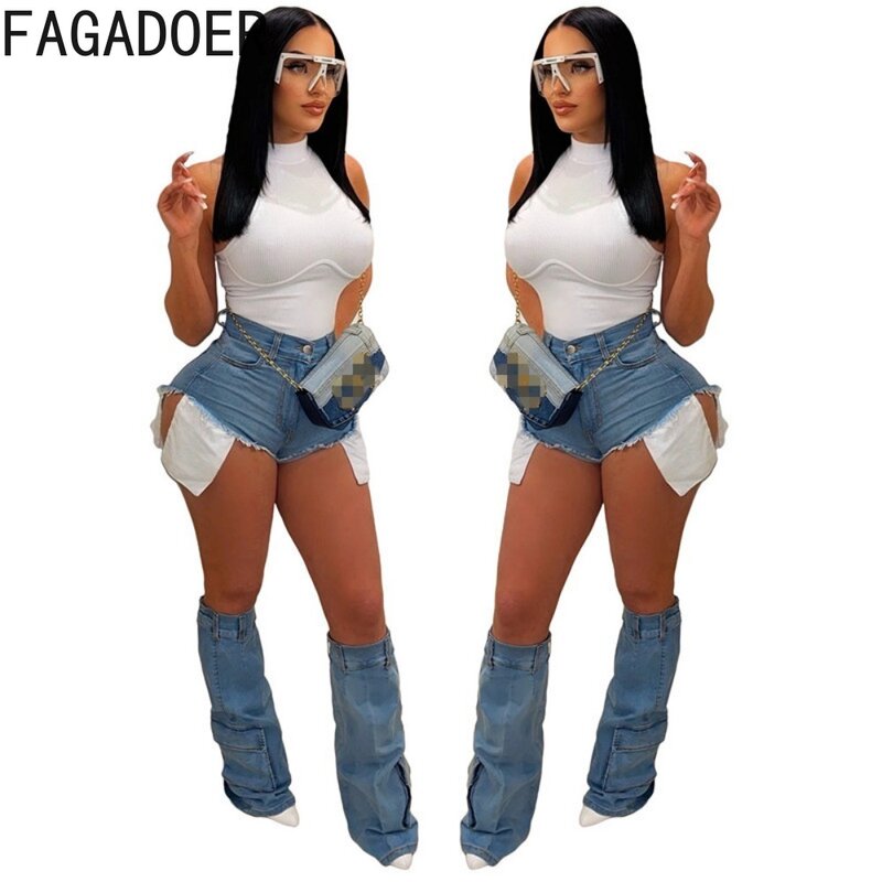 FAGADOER Fashion Y2K Denim Shorts Women High Waisted Button Pocket Skinny Jean Female Solid Color Cowboy With Leg Cover Bottoms