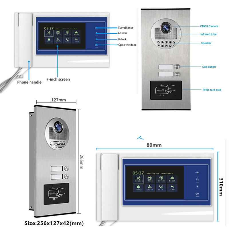 Sistema de intercomunicación para puerta de apartamento, videoportero con cámara de aleación de aluminio, Monitor de 7 pulgadas, timbre de vídeo, 2 unidades