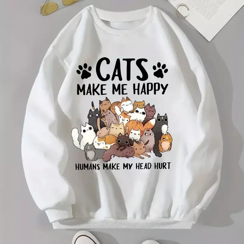 Cute Cat and Alphabet Print Sweatshirt Casual Long-sleeved Crewneck Sweatshirt Unisex Fun Animal Print Fall Clothing