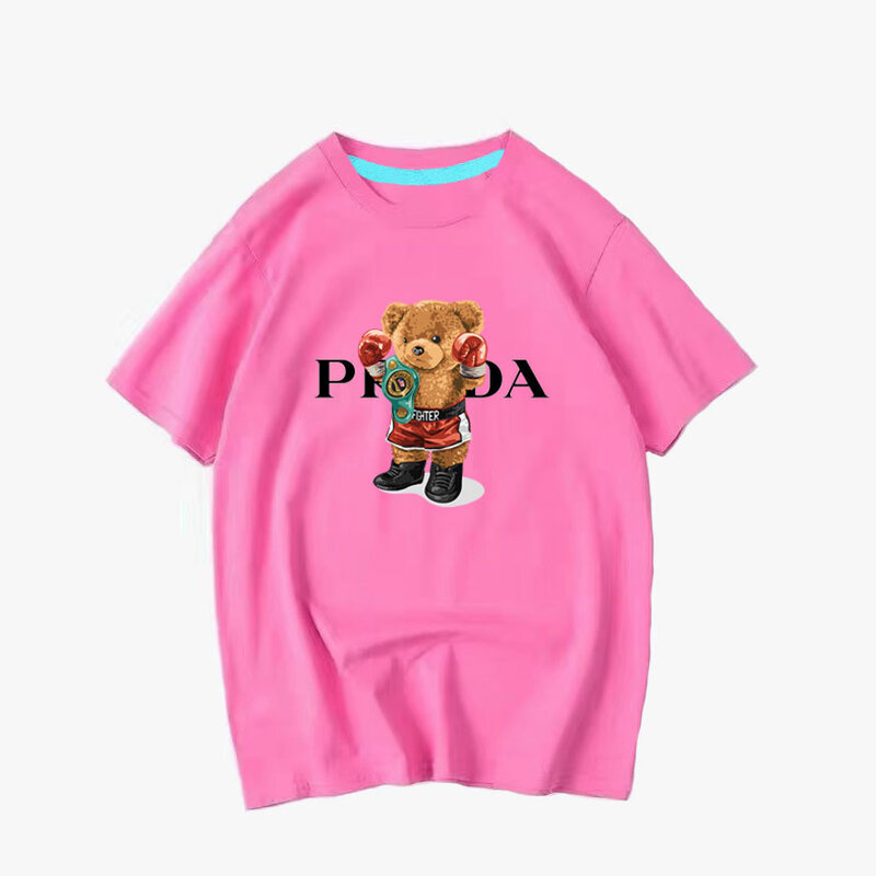 Kaus anak-anak desainer 2024 baju anak-anak motif beruang Fighting kaus katun lengan pendek anak perempuan anak laki-laki musim panas atasan anak-anak pakaian luar