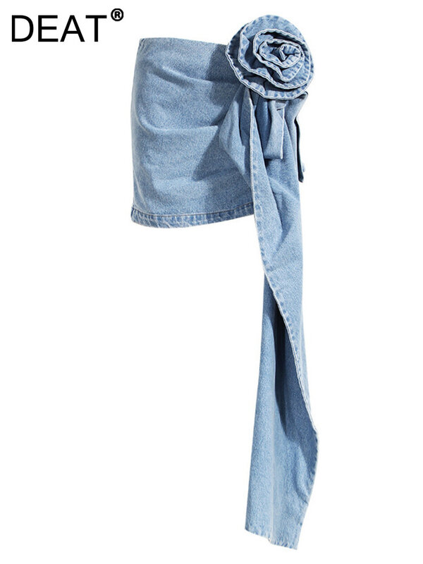 DEAT Fashion Women's Skirt High Waist Three-dimensional Rose Flower Asymmetric Blue Denim Short Skirts Summer 2024 New 17A8357