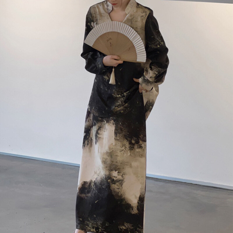 Женский костюм с юбкой в китайском ретро-стиле, юбка с драпировкой и чернильным принтом в национальном стиле, весна-лето
