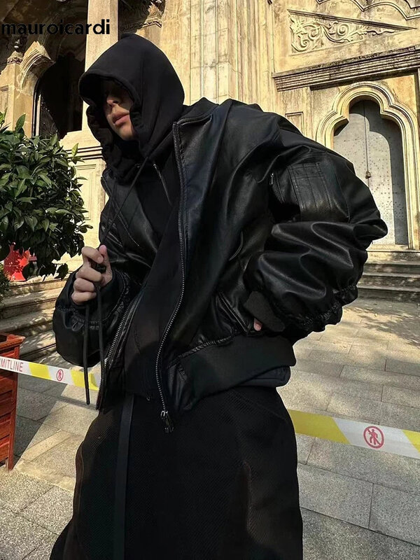 Mauroicardi Autumn Winter Oversized Cool Black Thickened Warm Pu Leather Bomber Jacket Men Hood Luxury Designer Fake 2 Clothes
