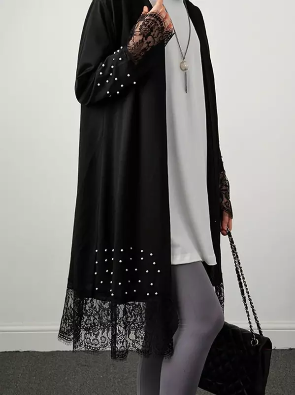 Mulheres Manga Longa Chiffon Abayas, Vestido de quimono, Mulher Musulmane, Contas bordadas, Dubai Cardigan, Taco Muçulmano, Open Abaya